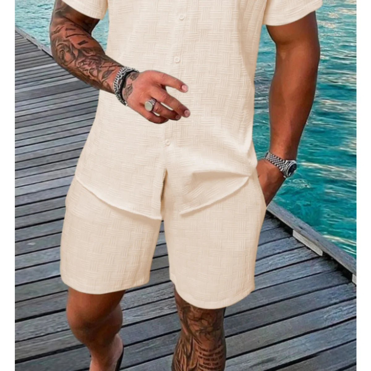 2025 New Style Men's Hawaiian Beach Style Daily Casual Solid Plaid Striped Lace-up Comfortable and Breathable Shorts