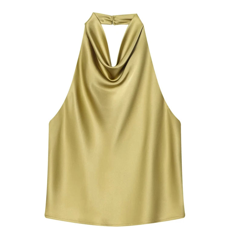 HXAO Halter Neck Women's Top Off Shoulder Satin Crop Top Women Summer Sexy Backless Tank Party Tops Y2K Aesthetic Camisole