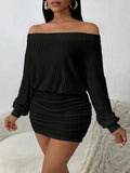One-Shoulder Puffy Solid Color Casual Multi-Functional Long-Sleeved Knitted Dress