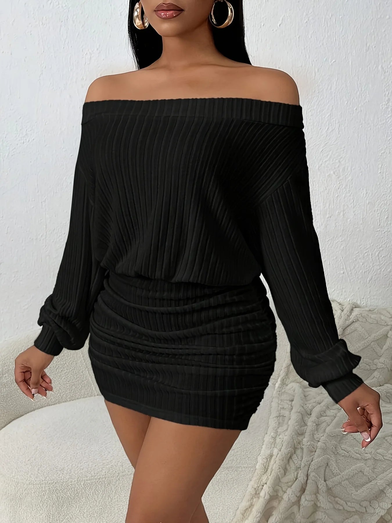 One-Shoulder Puffy Solid Color Casual Multi-Functional Long-Sleeved Knitted Dress
