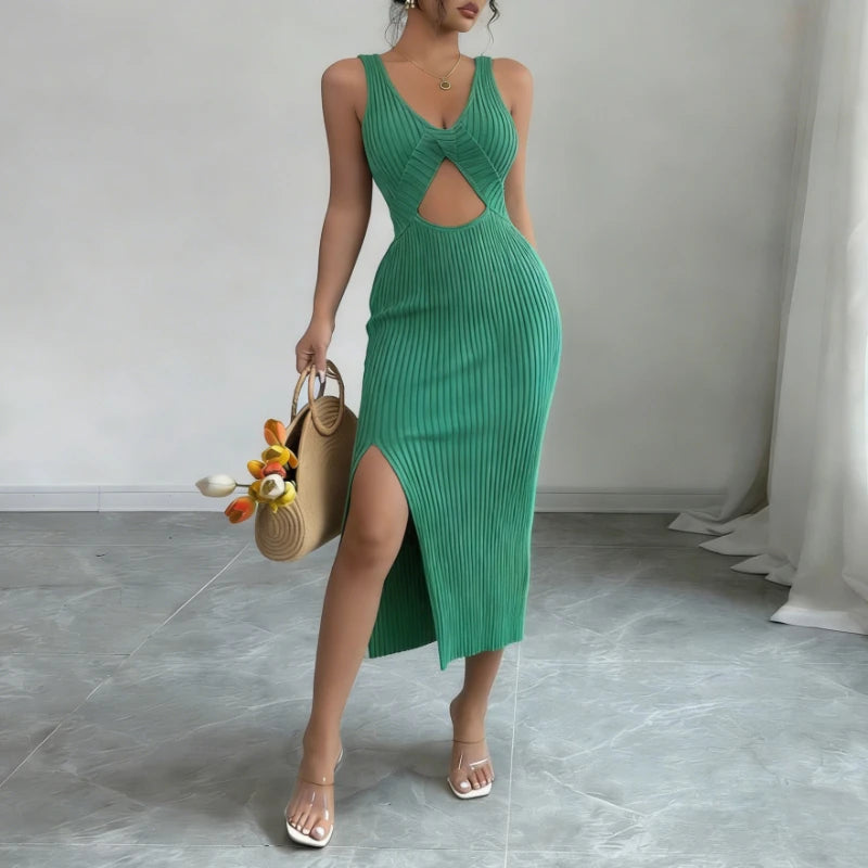 Green Twist Front Cutout Slit Midi Dress Women's Sleeveless Sundress V Neck Stretchy Ribbed Knit Party Clubwear Dress Outfits