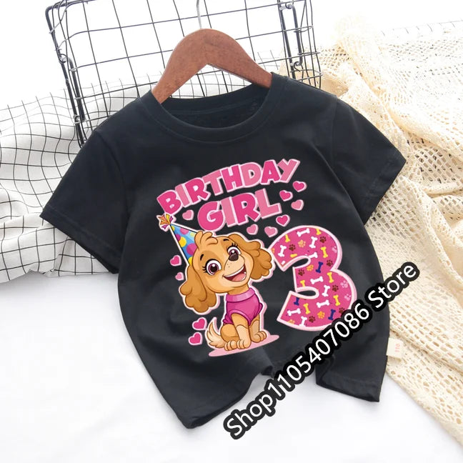 Paw Patrol Skye T-shirt Children Birthday Number Tee Top Girls Pink Clothes Cartoon Anime Short Sleeve Kids Loose Clothing Gift