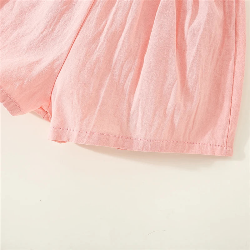 Summer Baby Girl Outfit Set Korean Style Fashion Pink Flower Tops And Cotton Comfortable Solid Color Toddler Shorts