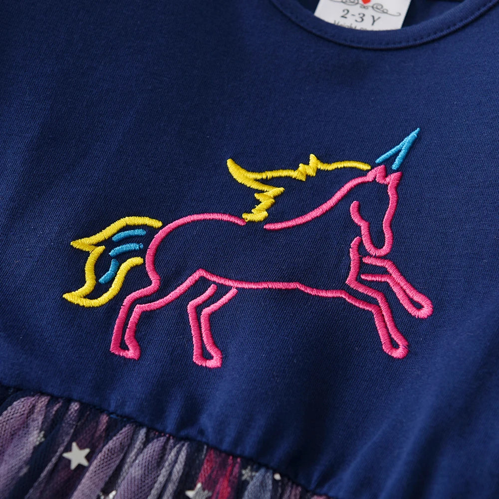 DXTON Autumn Kids Costume Embroidery Unicorn Long Sleeve Girls Dresses Mesh Star Blingbling Garden Play Children Casual Clothing