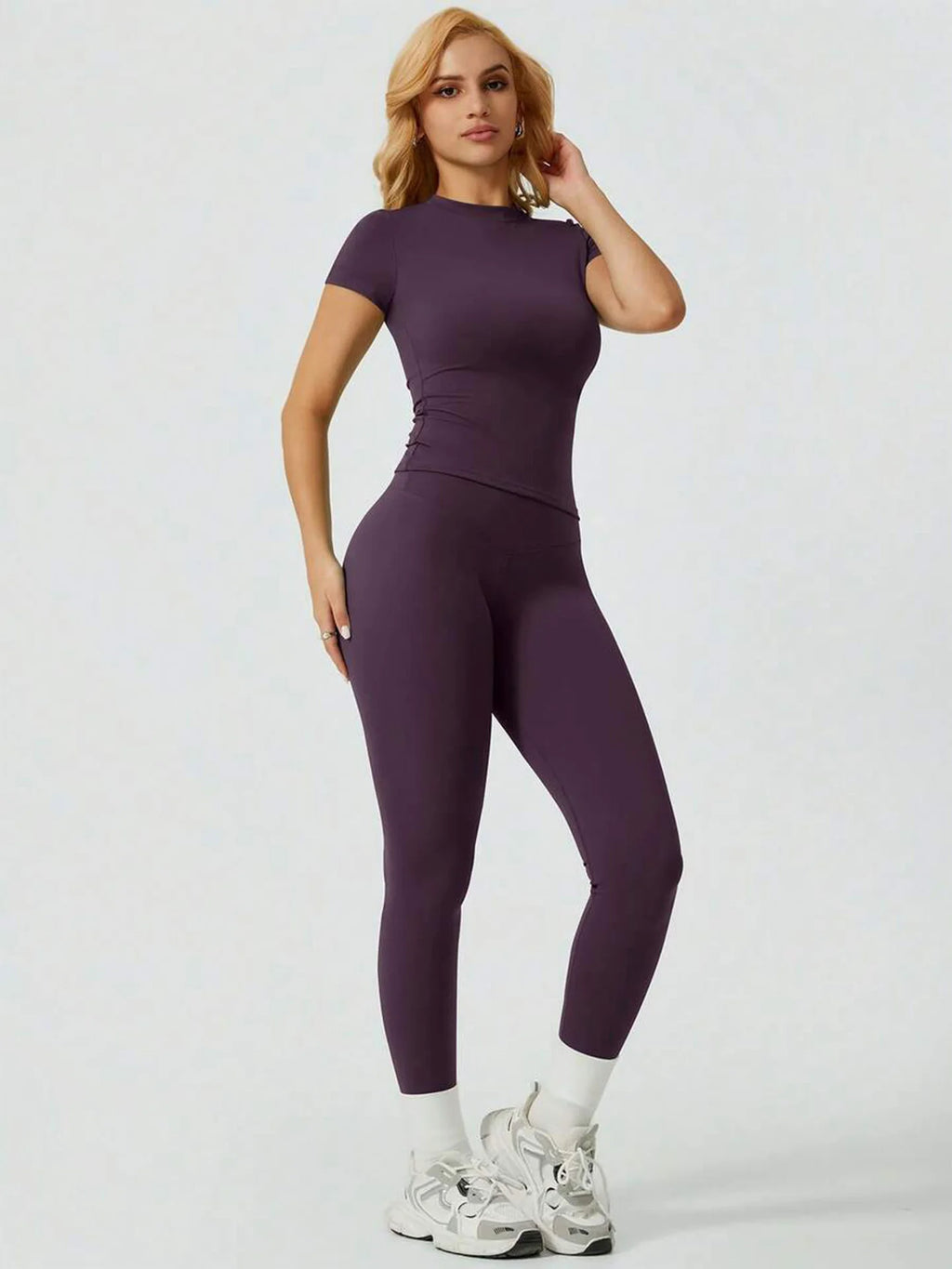 2 Piece Yoga Set Women Short Sleeve Top High Waist Leggings Gym Workout Clothing Tummy Control Fitness Sportswear Activewear Sui