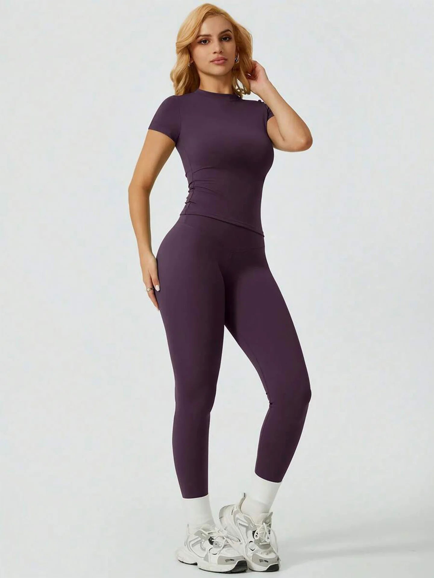 2 Piece Yoga Set Women Short Sleeve Top High Waist Leggings Gym Workout Clothing Tummy Control Fitness Sportswear Activewear Sui