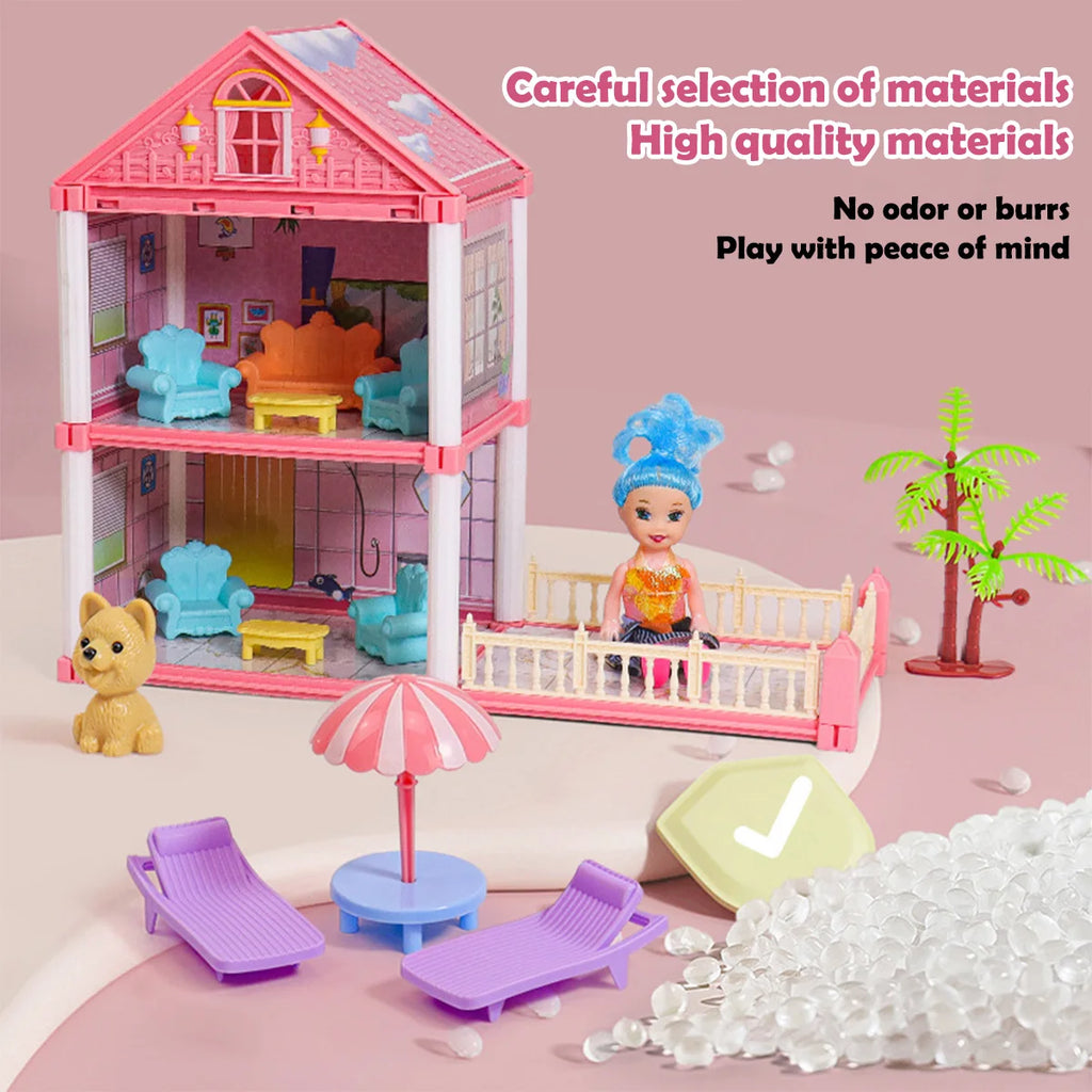 Girl Doll House Toy 3d Assembly Dollhouse Diy Mini Toy Accessories Villa Princess Pink Castle Children Pretend Birthday Gift