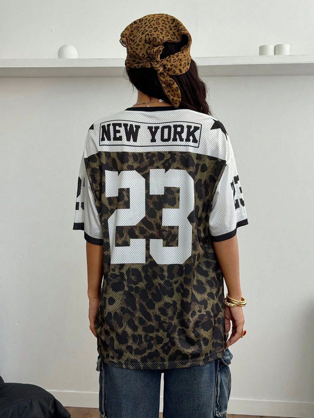 Women's Summer V Neck Short Sleeve T-shirt Leopard 23 Number Oversized Casual Streetwear Daily Sporty Urban Fashion Top