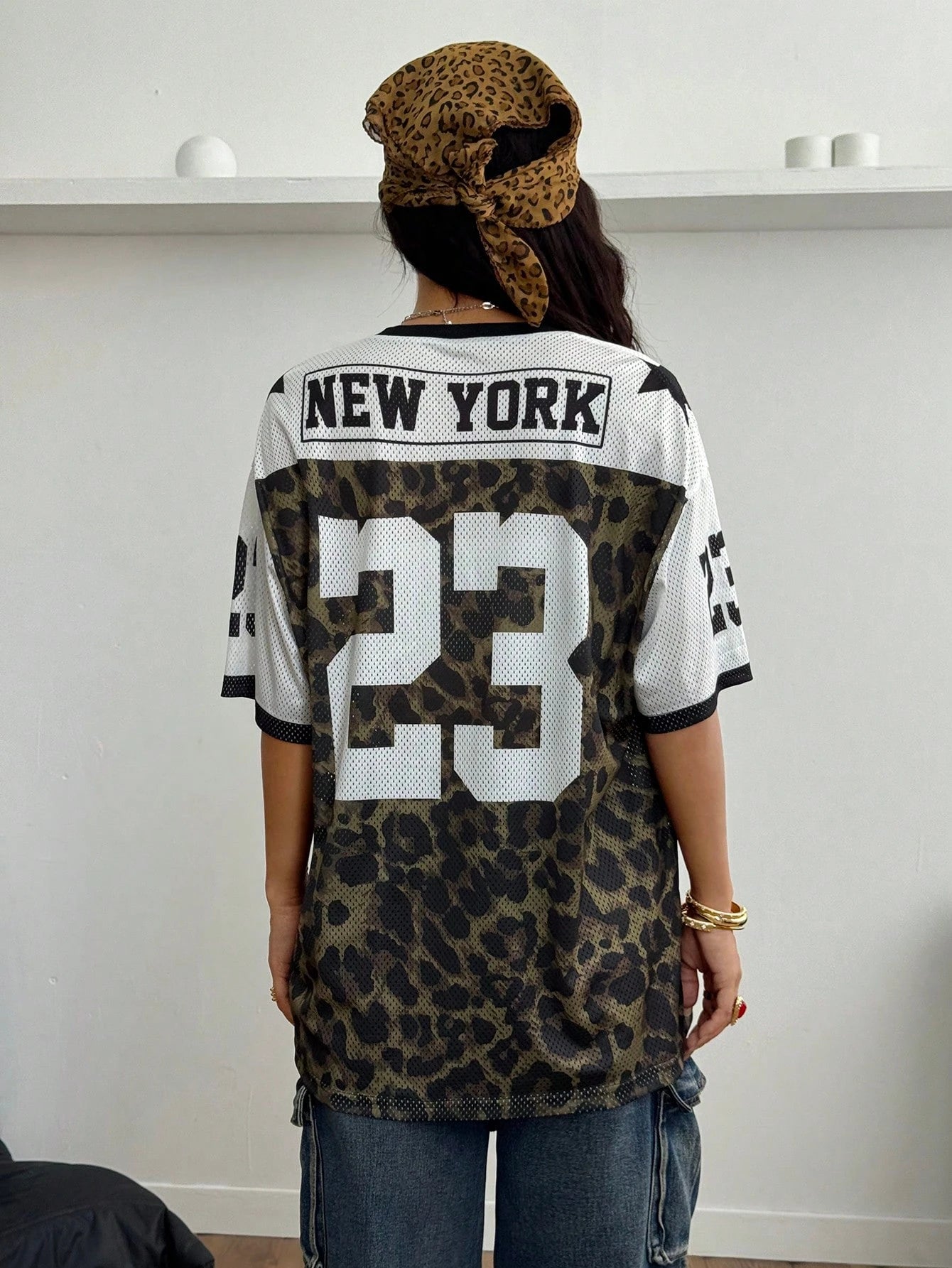 Women's Summer V Neck Short Sleeve T-shirt Leopard 23 Number Oversized Casual Streetwear Daily Sporty Urban Fashion Top