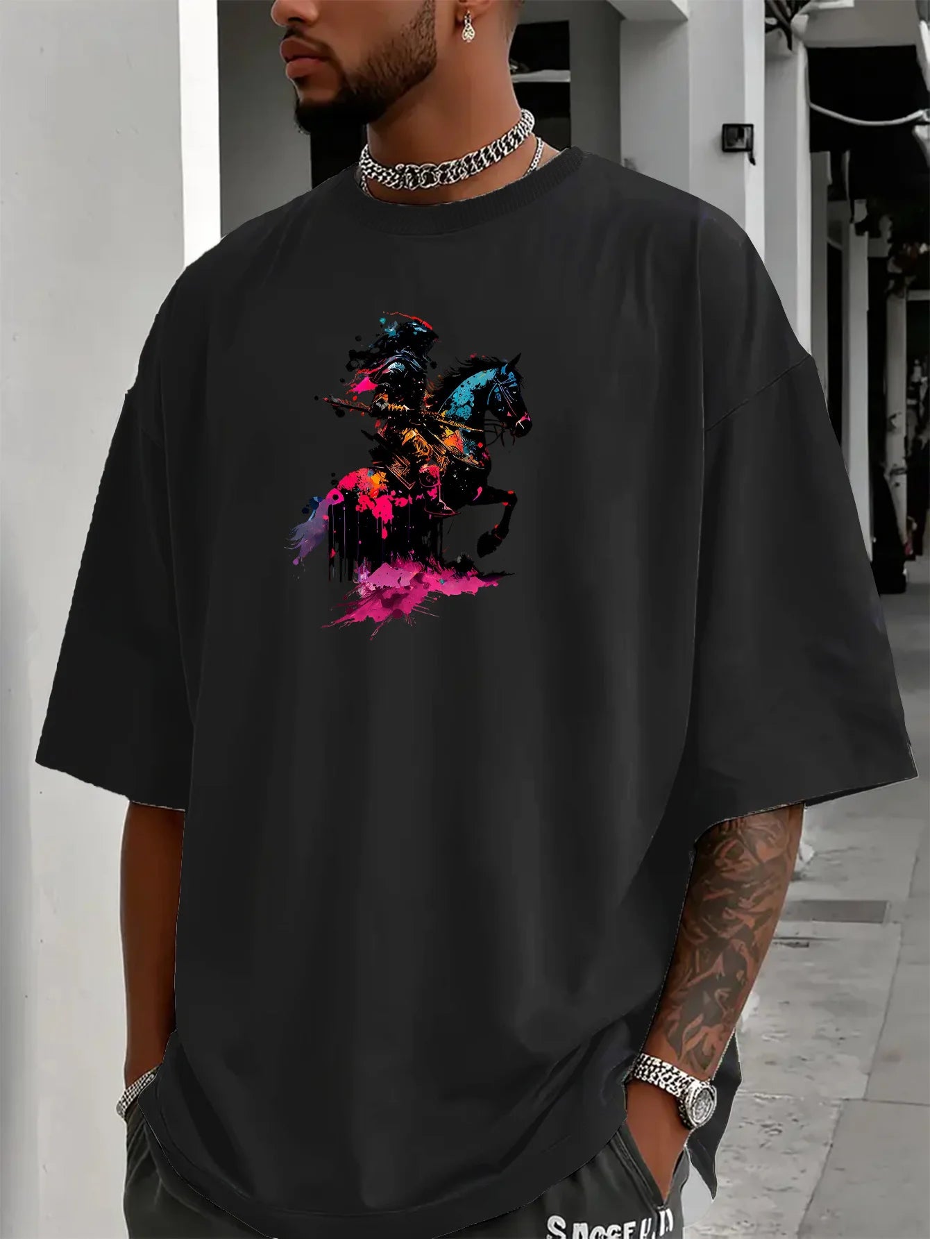 Mens Summer Casual Short-sleeved T-shirt with Knight and Axe Pattern Round Neck Design Loose Fit Comfortable Fabric Trendy Style