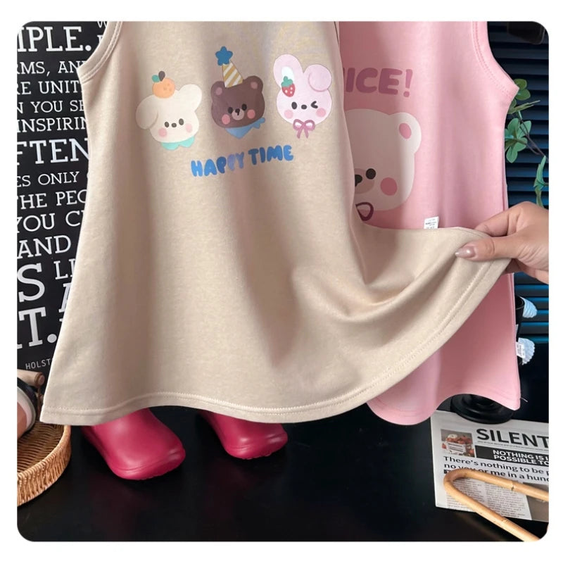 2026 New 1-6Y Childrens Dress Cute Cartoon Printed Sleeveless Girls Dress Pure Color Loose A-line Skirt for Girls