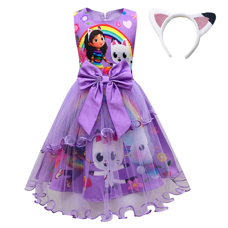 Gabby's Dollhouse Kids Summer Gabby Cats Dress Baby Girls Cute Lace Princess Dress Toddler Girls Birthday Party Dresses Headwear