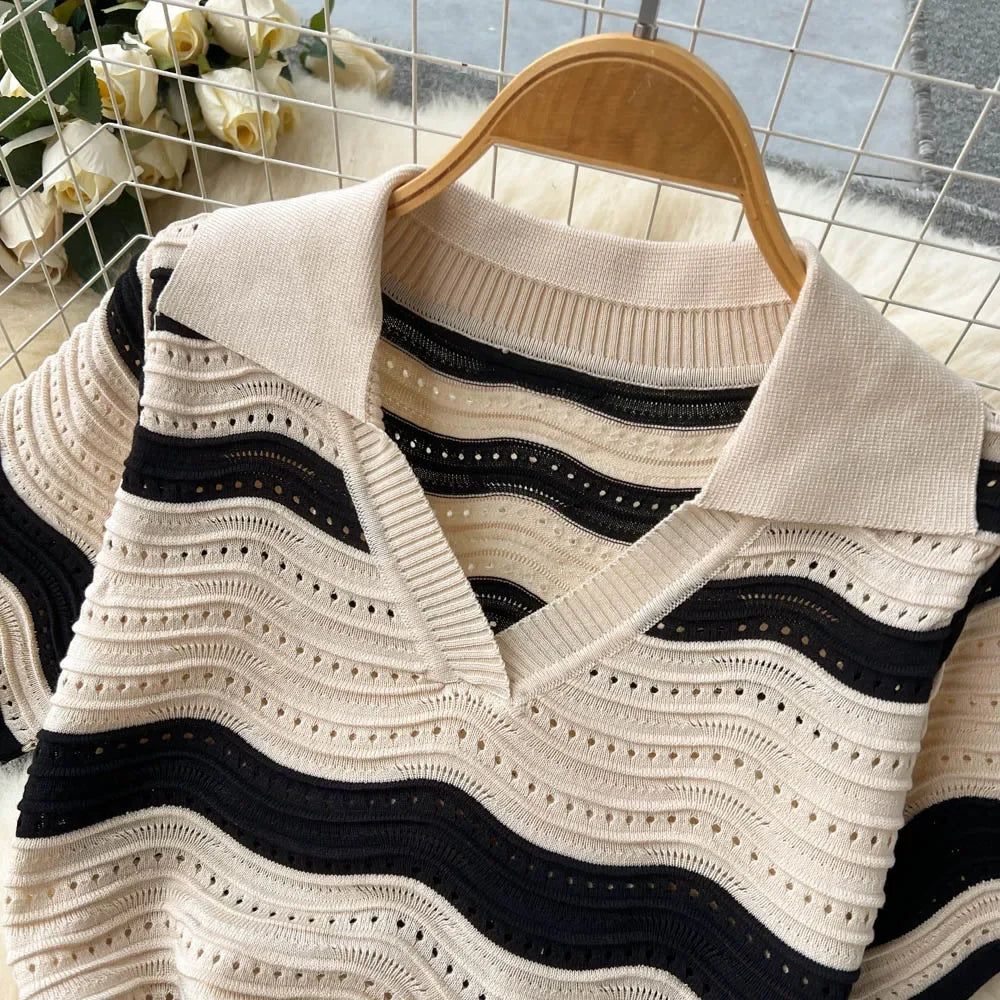 Women's Wavy Striped V-Neck Short Sleeve Elastic Sundress Ribbed Knit Bodycon Long Dress Crochet Hollow Out Summer Party Dress