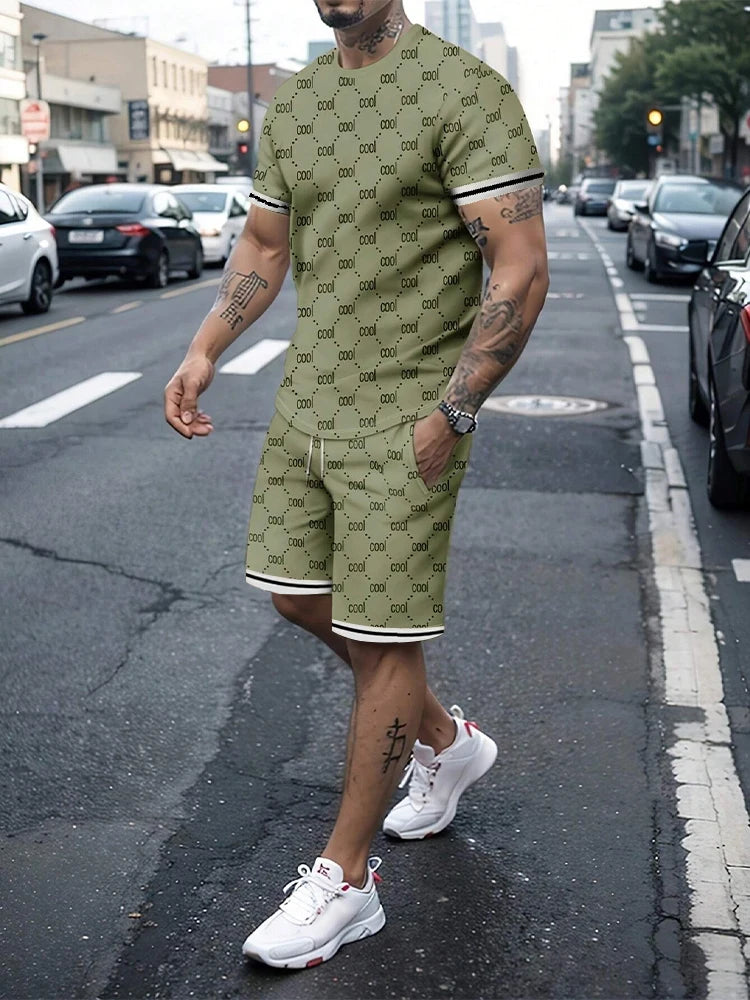 Casual Men's Suit Fashion Letter Printed Flower Color Round Neck Short Sleeve Shorts Personalized Trend Two Piece Clothing