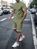 Casual Men's Suit Fashion Letter Printed Flower Color Round Neck Short Sleeve Shorts Personalized Trend Two Piece Clothing