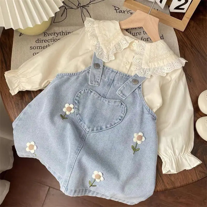 Baby Girls Strap Dress Set Spring and Autumn Children's Clothing Suit New Cowboy Doll Neck Shirt Skirt Two Piece Set