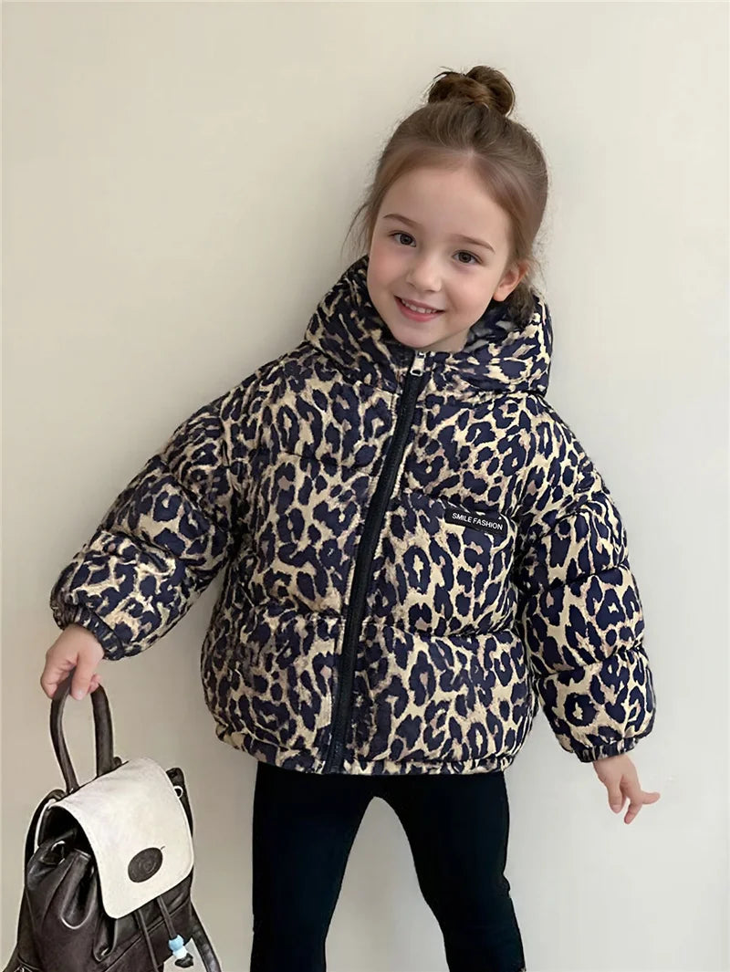 Kids Leopard Down Cotton Jacket Boys Girls Thick Plus Velvet Warm Coats Baby Floral Print Parka Children Clothing 1-5 Years