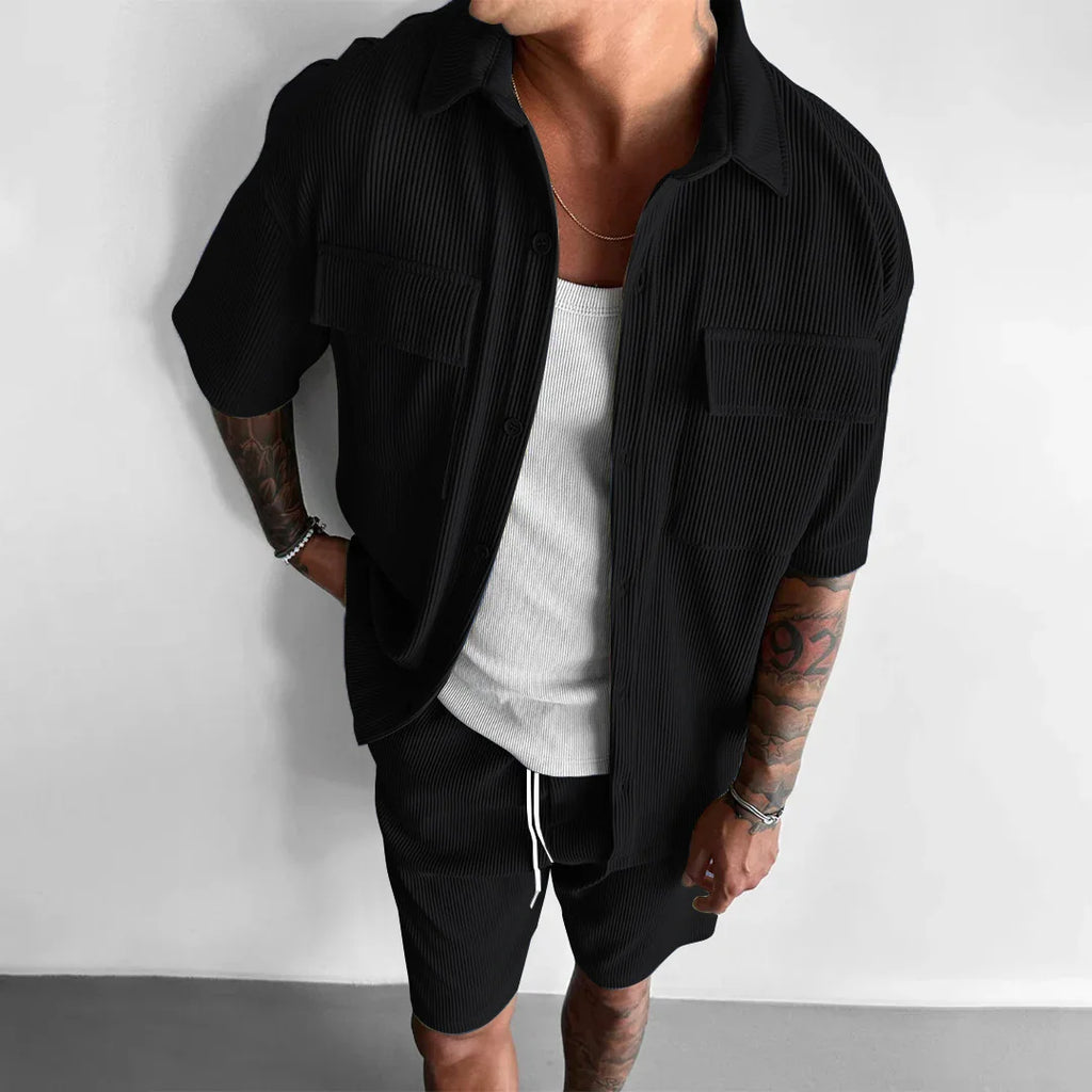 Summer Corduroy Men's Set Hawaii Men's Short sleeve Sports Set Casual Corduroy Shirt+Shorts 2-Piece Set Trendy Streetwear K-pop
