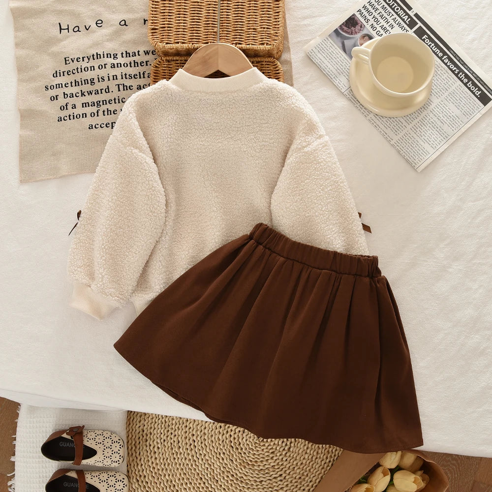 Khaki Fashion Autumn Winter New 3-7 Year Old Girls' Round Neck Long Sleeve Bow Top+pleated Skirt Two Piece Set Korean Version