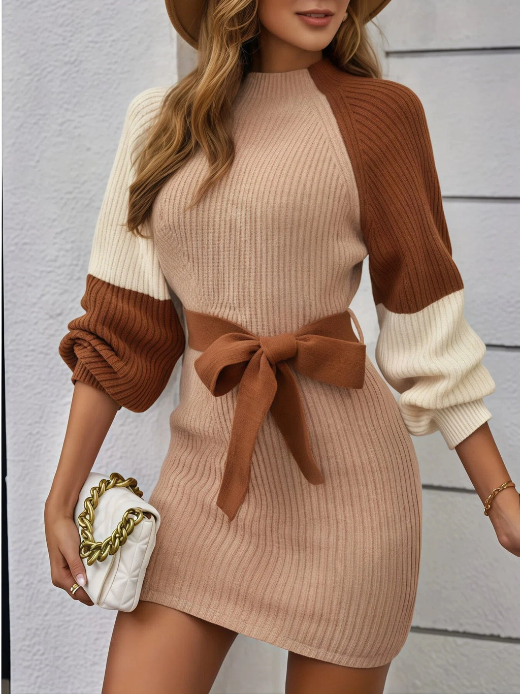 Ladies Colorblock Knit Sweater Dress Raglan Long Sleeve Bodycon Mini Dress Belt Fall Winter Elegant Party Women Knit Dresses