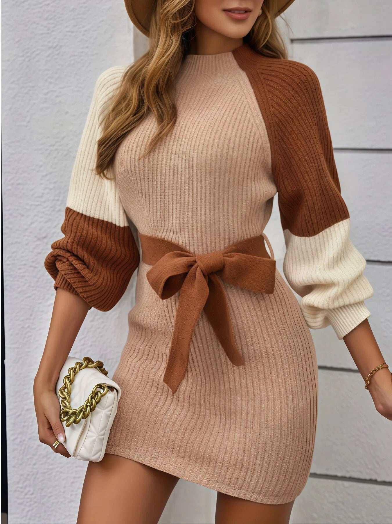 Ladies Colorblock Knit Sweater Dress Raglan Long Sleeve Bodycon Mini Dress Belt Fall Winter Elegant Party Women Knit Dresses