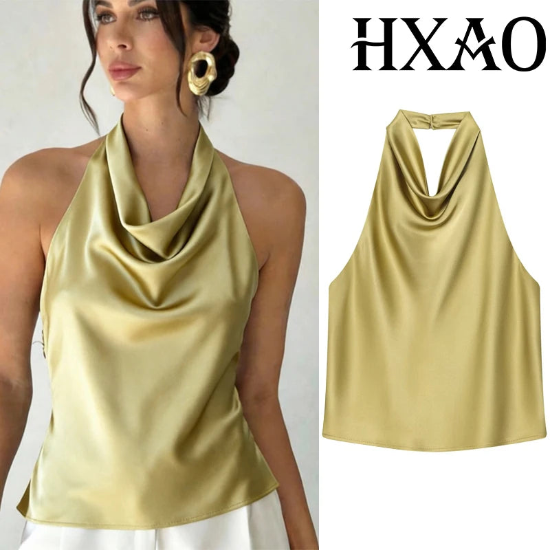 HXAO Halter Neck Women's Top Off Shoulder Satin Crop Top Women Summer Sexy Backless Tank Party Tops Y2K Aesthetic Camisole
