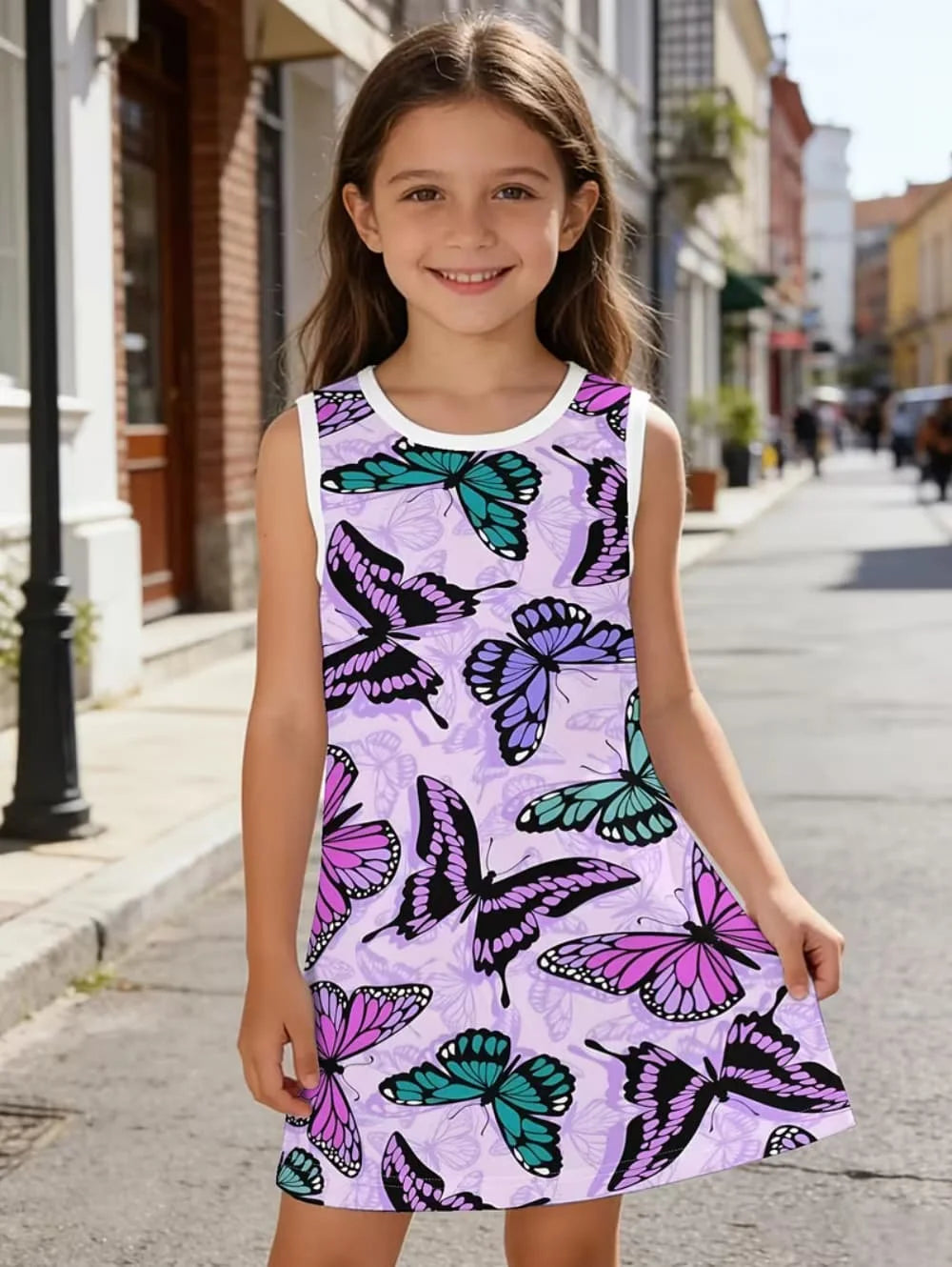 Summer Beach Vibes Pattern Girls' Vibrant Fashion Digital Print Sleeveless Camisole Dress Holiday Vacation Beach Girl Vest Dress