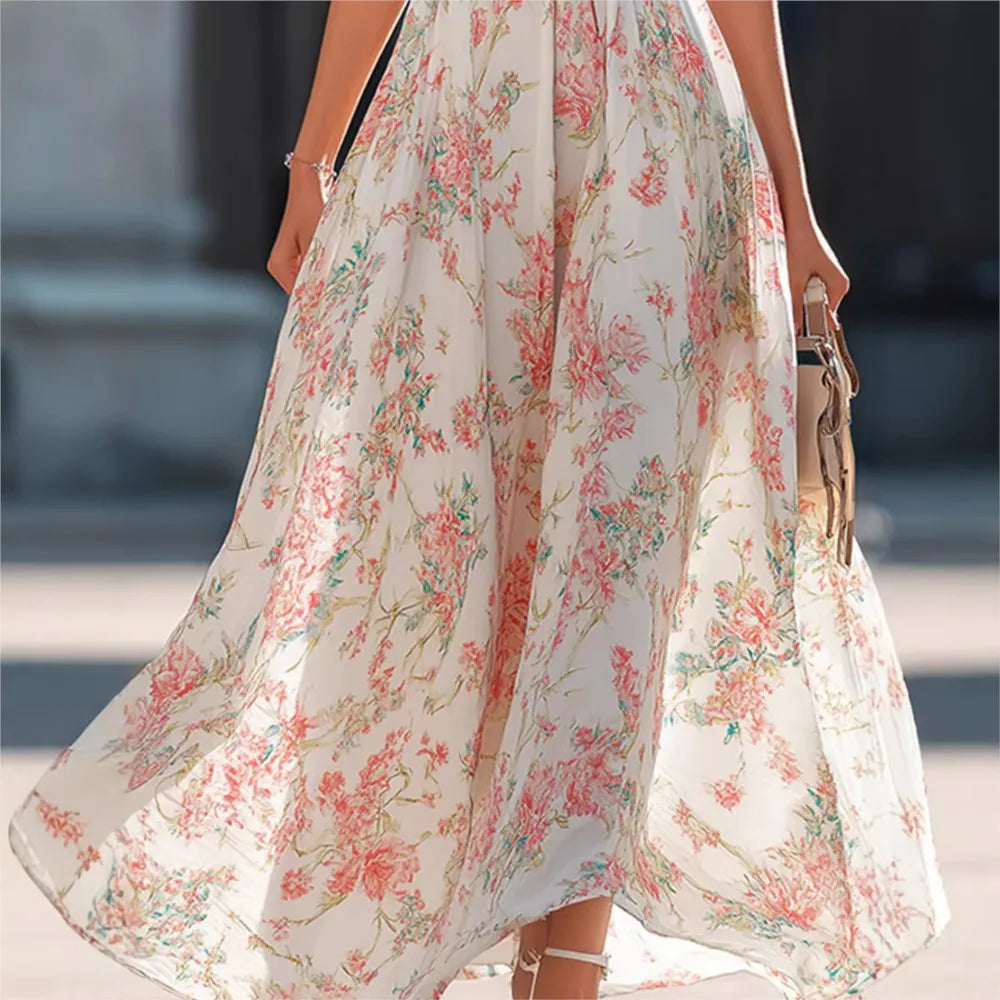 Summer New Fashion Floral Sexy Halterneck Women's Dress Elegant Slim Temperament Big Swing Female Holiday Sleeveless Dress 2026