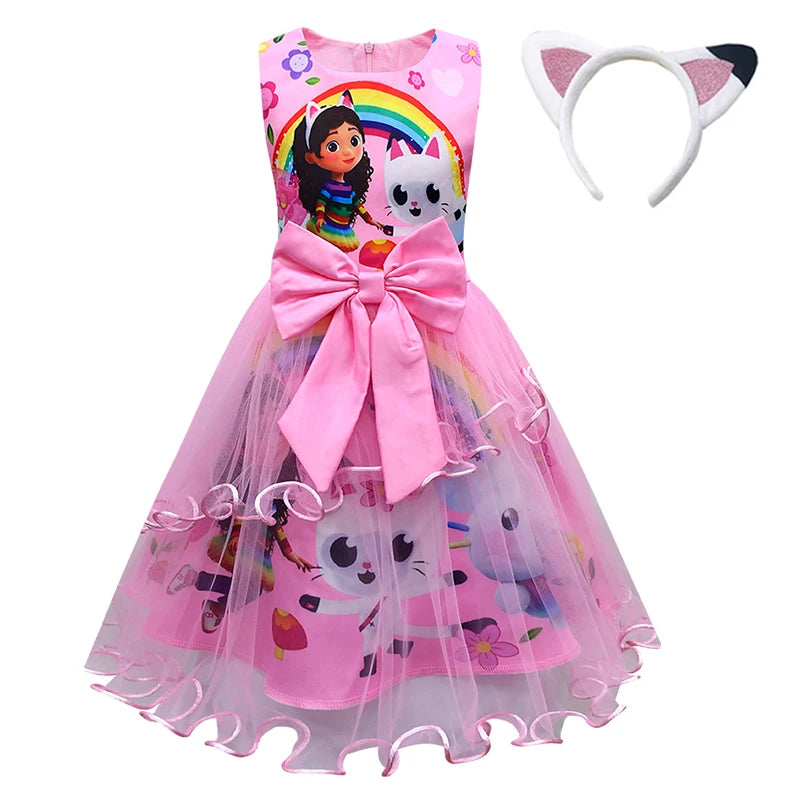 Gabby's Dollhouse Kids Summer Gabby Cats Dress Baby Girls Cute Lace Princess Dress Toddler Girls Birthday Party Dresses Headwear