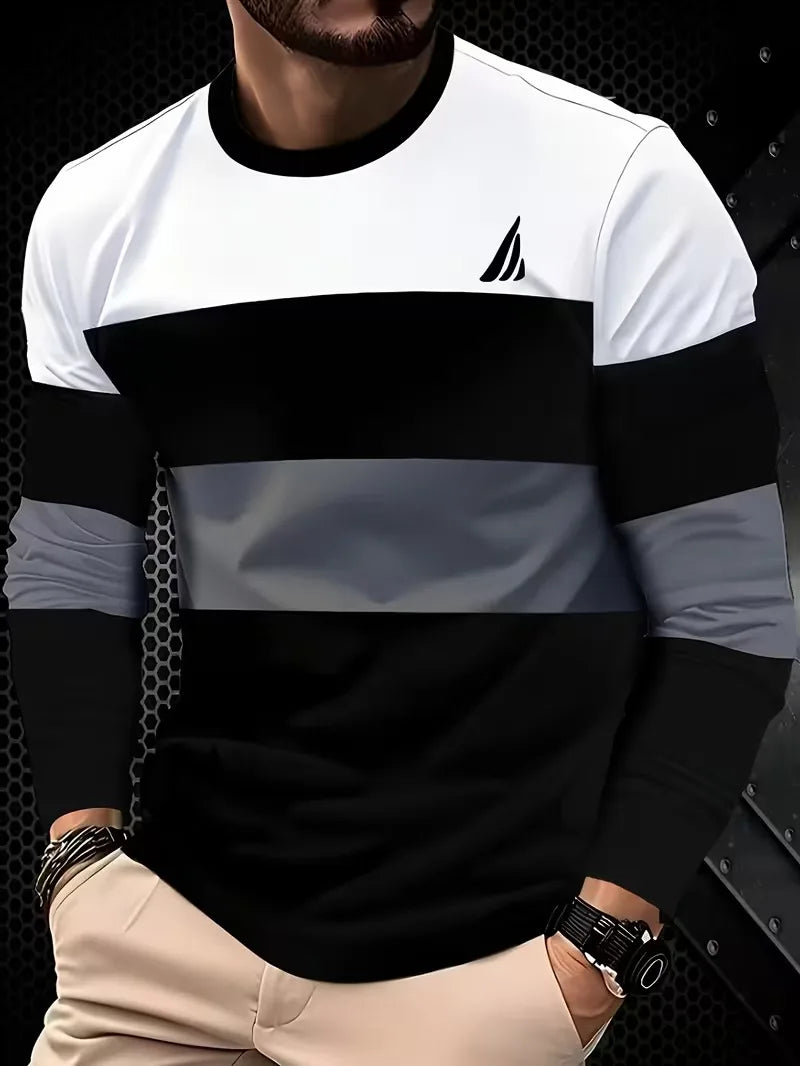 Autumn Color Blocking Printed Men's Long Sleeved T-Shirt Fashion Daily Sports Leisure Street Round Neck Oversized Men's Clothing
