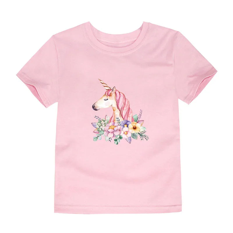 Child Kids Tshirts for Girls Clothes 2024 New Summer Pink Red Blue Luxury Toddler Girl T Shirt Kawaii Unicorn Flower Korean Tees