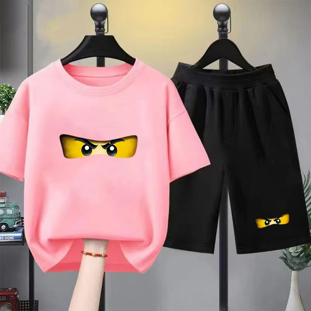 Summer T-Shirt Boy Girls Red Casual TShirt+Shorts Sets Ninja Printed Kids Outfits Teen Children's Short Sleeve Tops