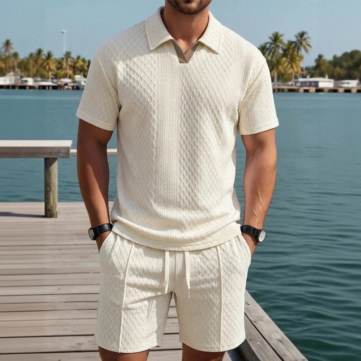 Mens Cream Polo Shirt and Shorts Set Casual Summer Beach Outfit Lightweight Comfortable Resort Vacation Wear