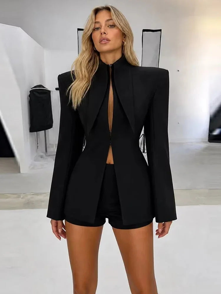 Women Fashion Solid Shorts Set Sexy Stand Collar Waist Cinching Slim Fit Coat Suits 2026 New Spring Autumn Lady Street Outfit