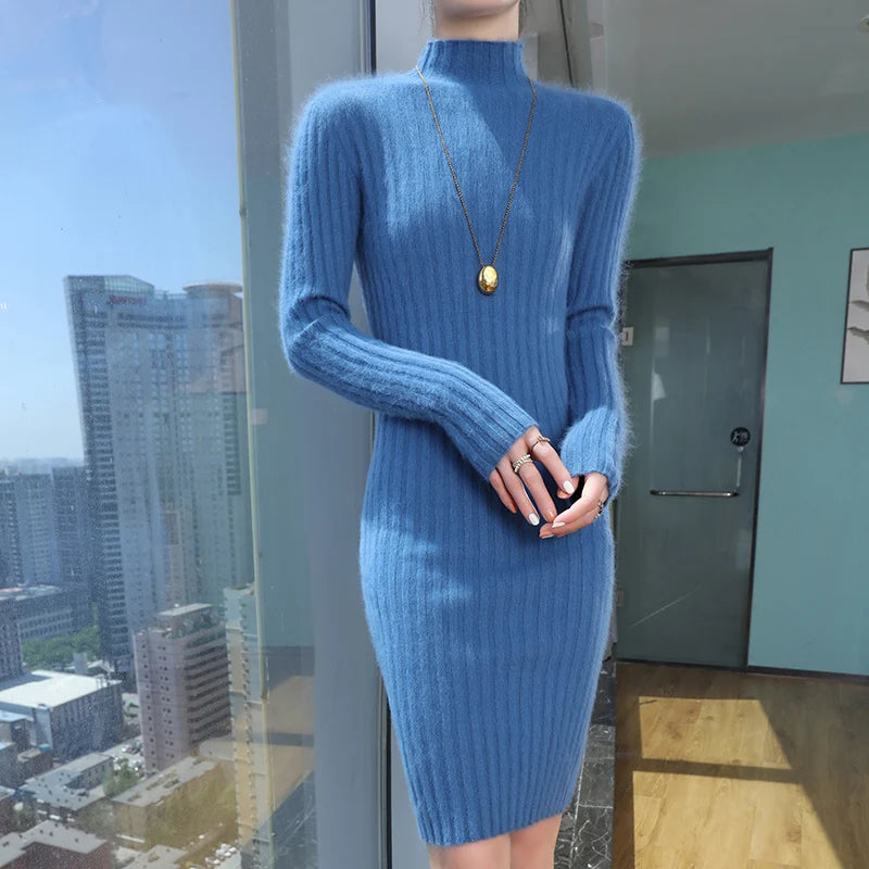 WinvyNee Women Midi Dress Mink Velvet Fitted High Neck Long Sleeve Brushed Fabric Cozy Street Look Casual Knit Garment ZE1248024