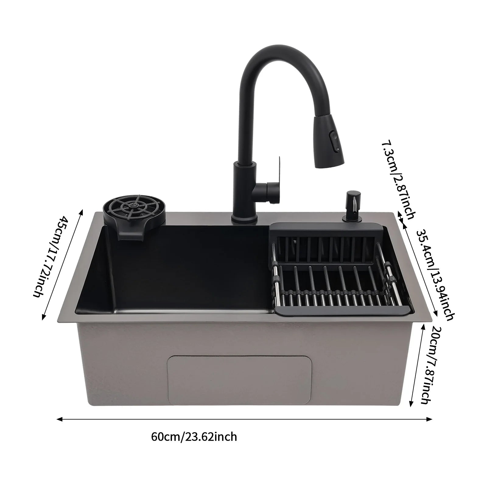 45x40cm Black Kitchen Sink Multi-functional with Pull-Out Faucet, Cup Rinser, Basket, Soap, Stainless Steel Single Bowl Pipe Set