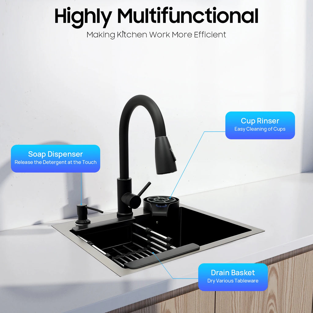 45x40cm Black Kitchen Sink Multi-functional with Pull-Out Faucet, Cup Rinser, Basket, Soap, Stainless Steel Single Bowl Pipe Set
