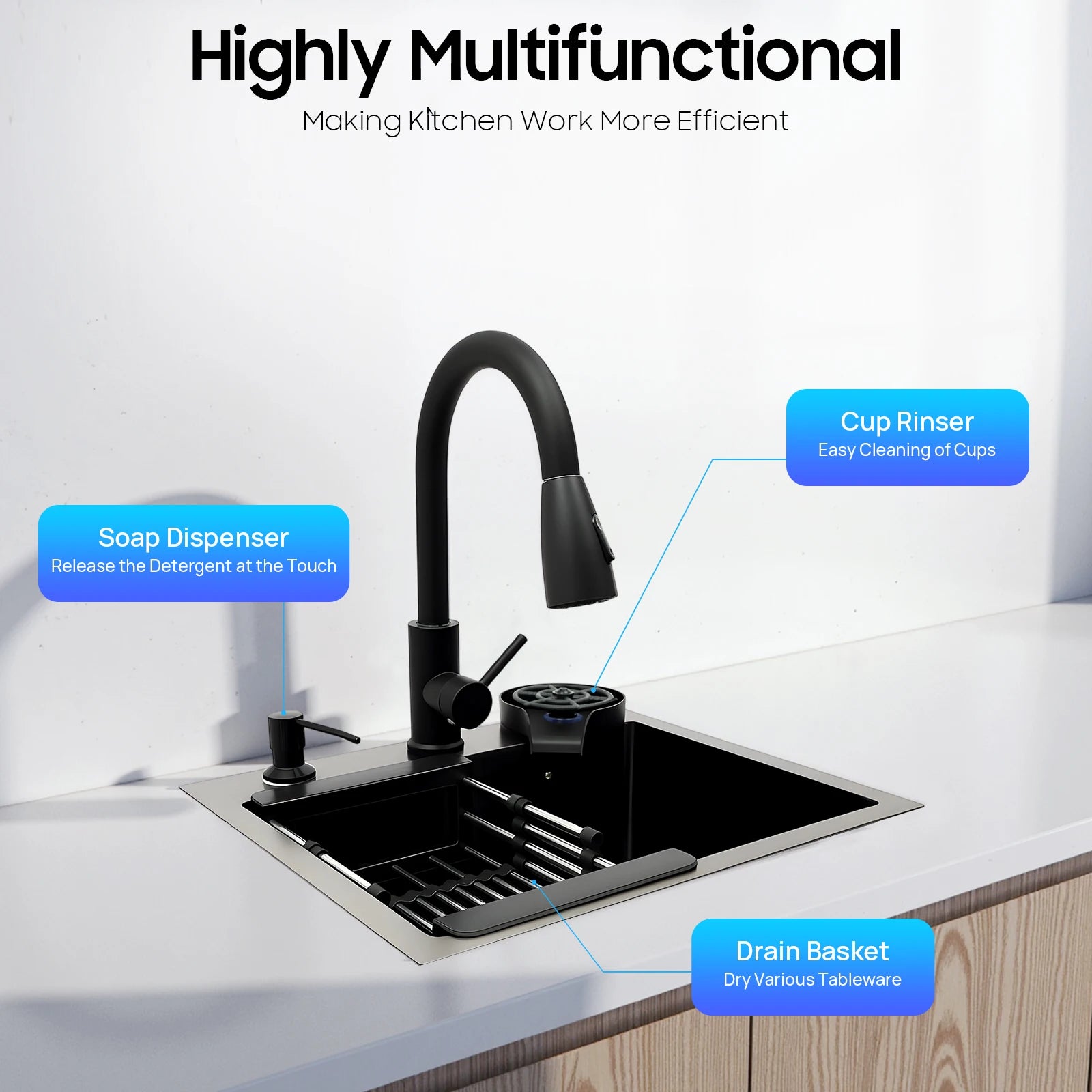 45x40cm Black Kitchen Sink Multi-functional with Pull-Out Faucet, Cup Rinser, Basket, Soap, Stainless Steel Single Bowl Pipe Set