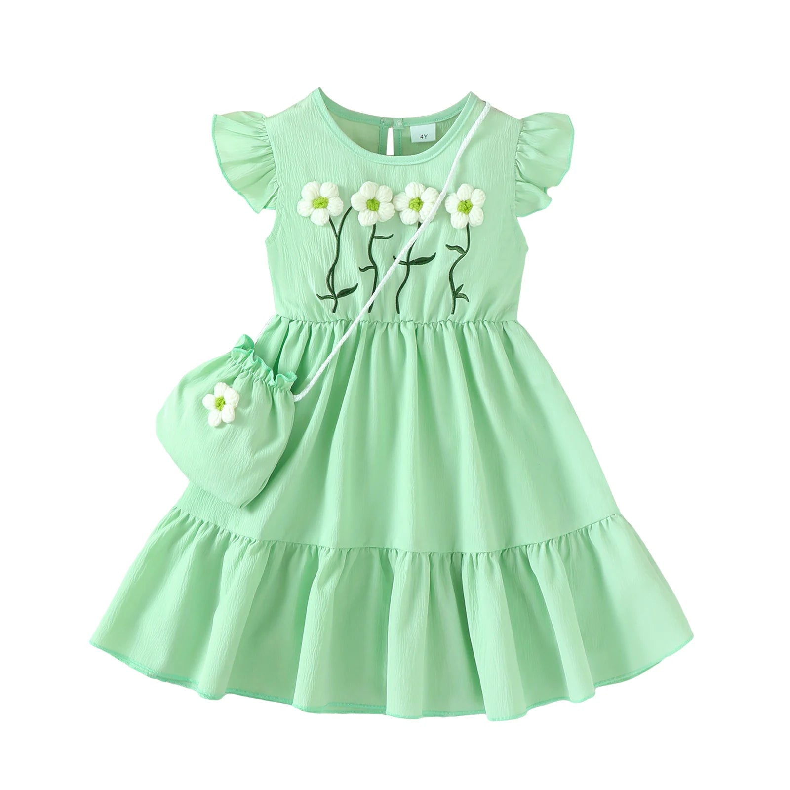 3PCS Fashion Girls 1-6 Years Old Summer Blue Sweet Sleeveless A-line Children's Dress 3D Wool Flower+Small Pocket Casual Dress