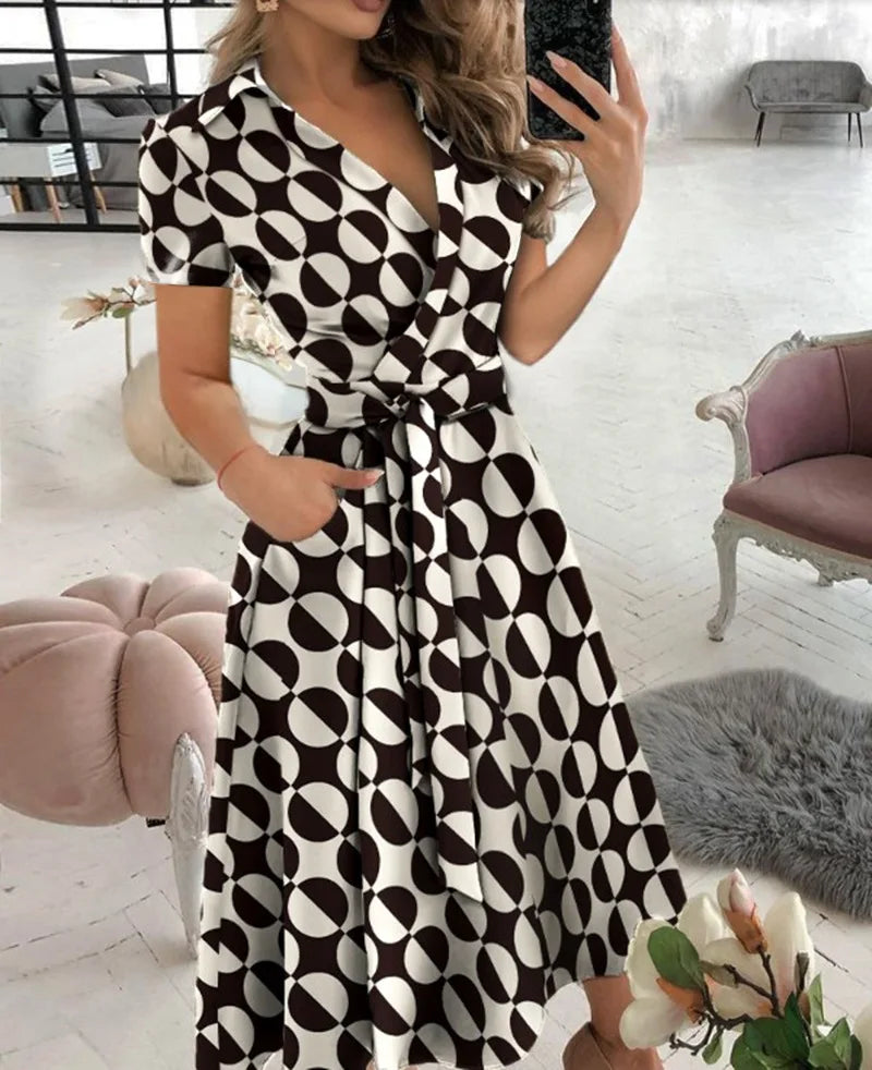 Women's Short Sleeve Wrap Dress V Neck Midi Dress With Self Tie Belt And Side Pockets For Casual Party Evening Wear