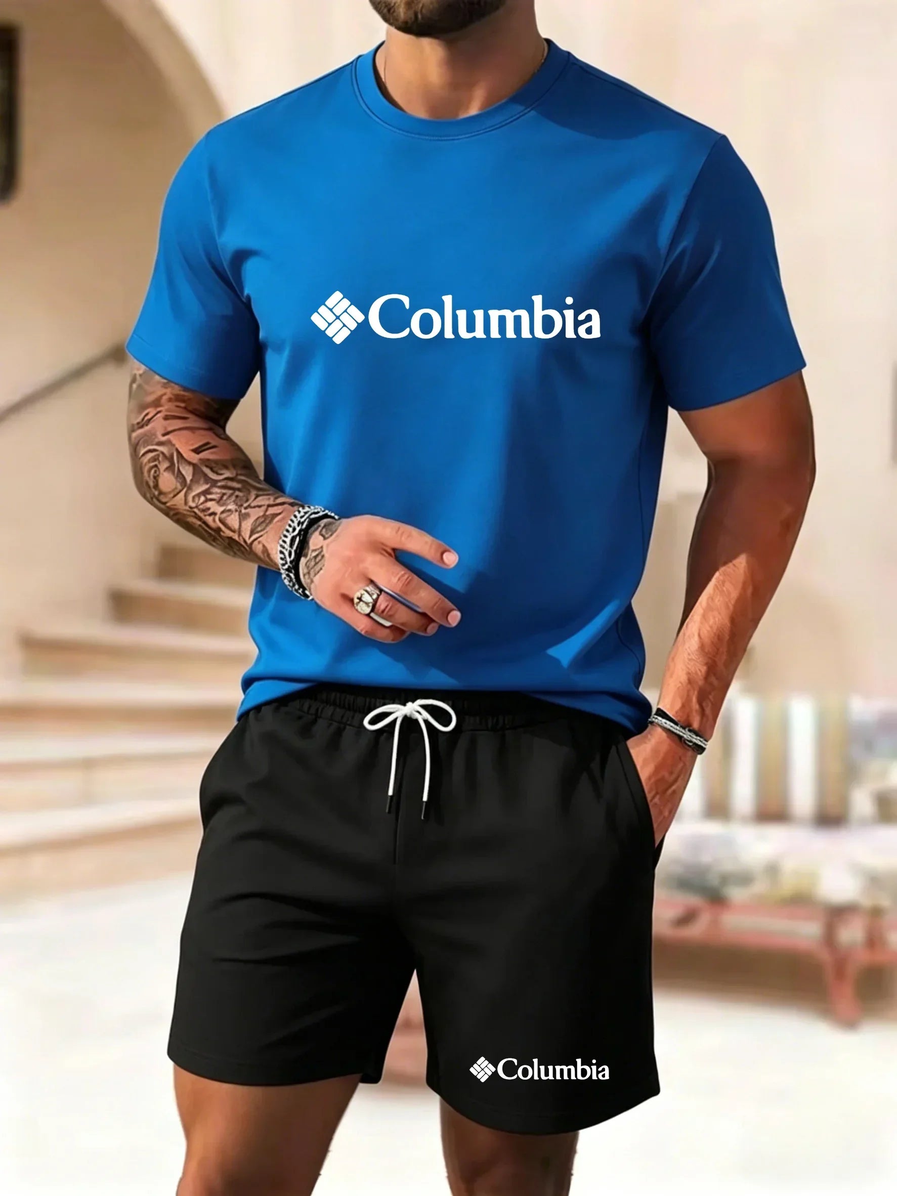 2026 Summer New Men's Fashion Outdoor Sports Set Printed Short Sleeve T-shirt+Shorts Loose Home Leisure Two Piece Set