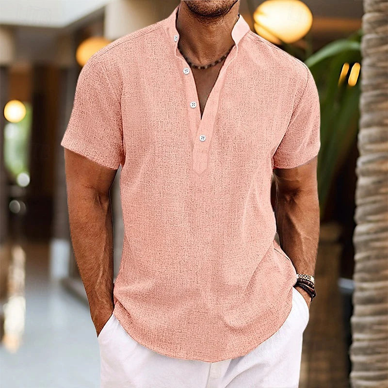Summer Solid Color 3D Print Henley Shirts Men's Casual Oversized Button Stand Collar Short Sleeve T Shirt Tees Tops Man Clothing