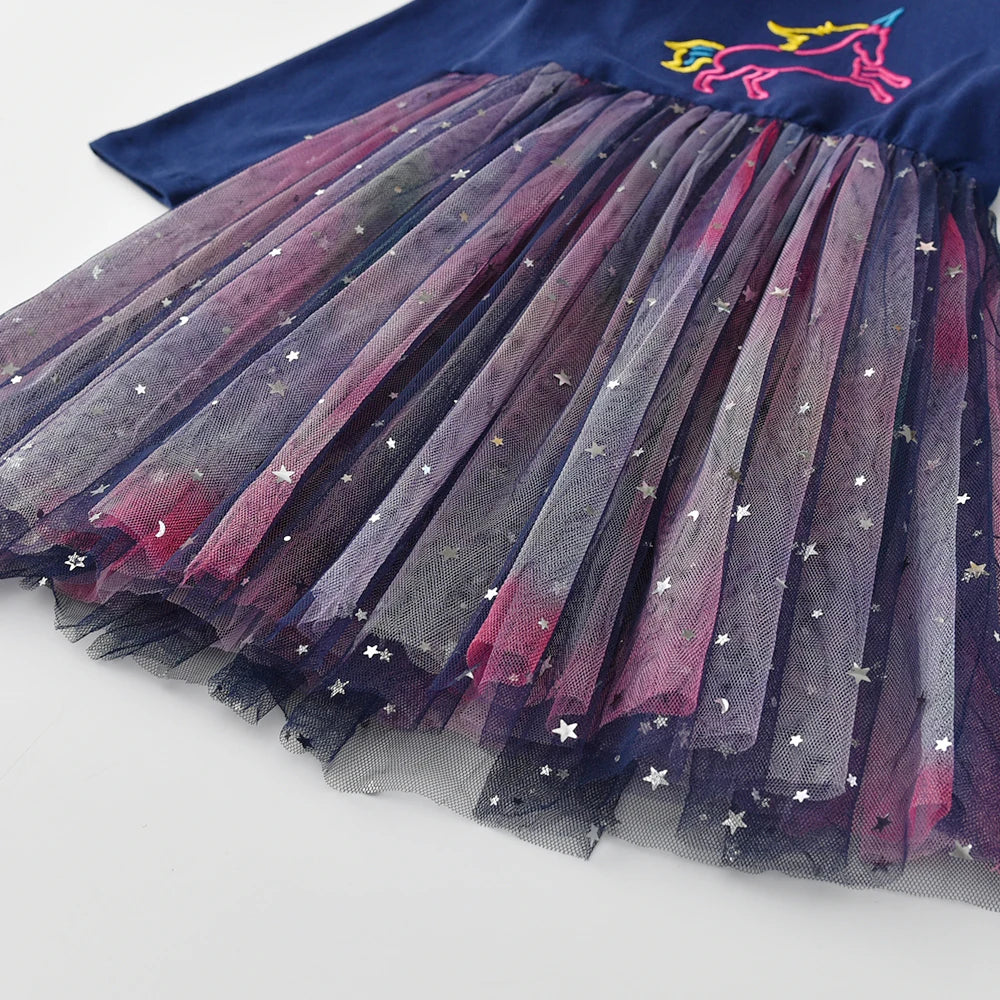 DXTON Autumn Kids Costume Embroidery Unicorn Long Sleeve Girls Dresses Mesh Star Blingbling Garden Play Children Casual Clothing