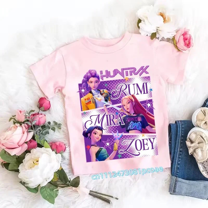 2026 Children's K-pop Demon Hunters T-shirt, a clothing item featuring anime cartoon patterns, a girls' casual top, gift options