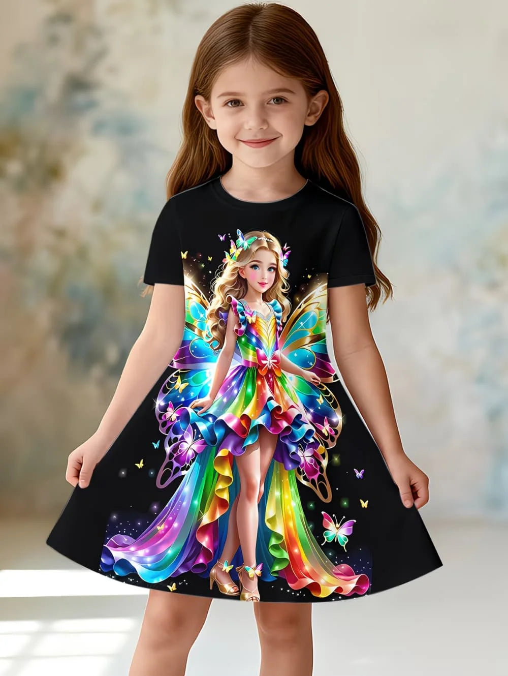 Girl's Princess Cartoon Print Dress Summer Casual Round Neck Short Sleeve Dress Outdoor Wear Elegant Party Dresses Girl Clothes