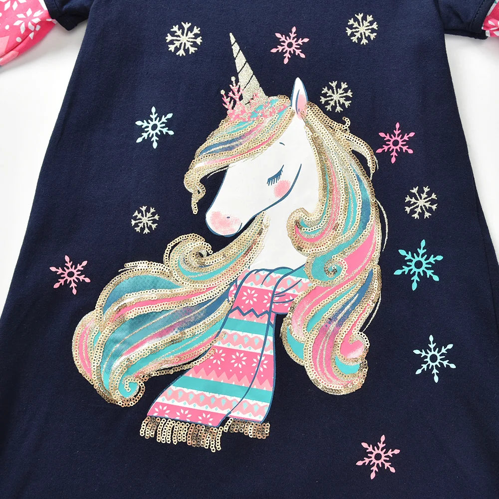DXTON Children Cotton Dresses A-line Straight Girls Daily Dress Snowflakes Kids Autumn Clothing Unicorn Baby Girls Cartoon Dress