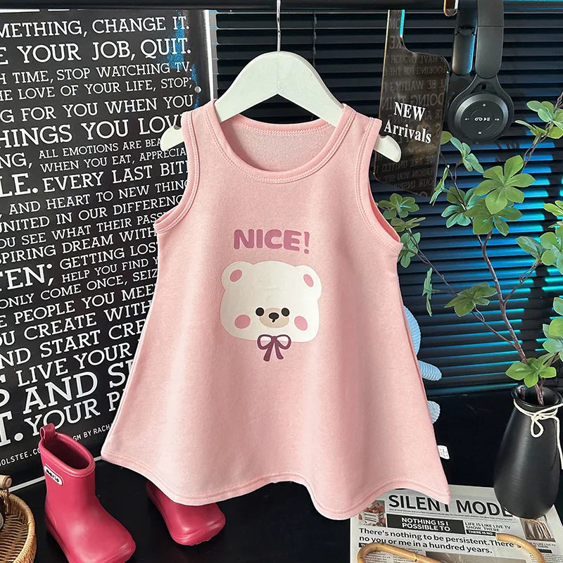 2026 New 1-6Y Childrens Dress Cute Cartoon Printed Sleeveless Girls Dress Pure Color Loose A-line Skirt for Girls