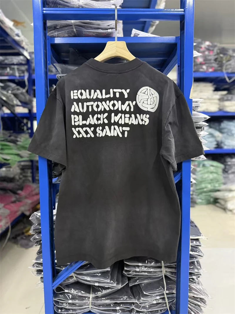 SAINT FW26 Retro American Street Circular Letter Printed Round Neck Hoodie Washed Ink Splashed Short Sleeve High Street T-shirt