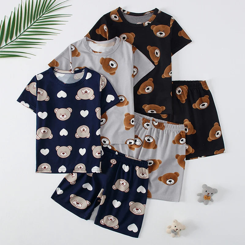 2-Piece Children's Cute Bear Print Fashion Suit Boy's Casual Fashion Round Neck Shirt Girl's Comfortable Wild Shorts Combination