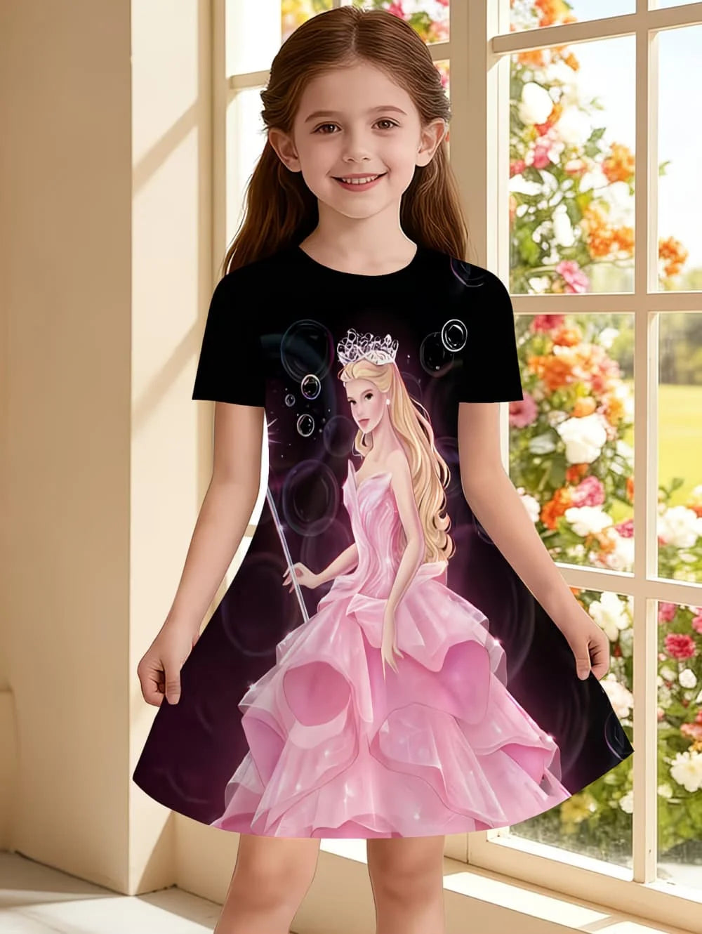 Girl's Princess Cartoon Print Dress Summer Casual Round Neck Short Sleeve Dress Outdoor Wear Elegant Party Dresses Girl Clothes